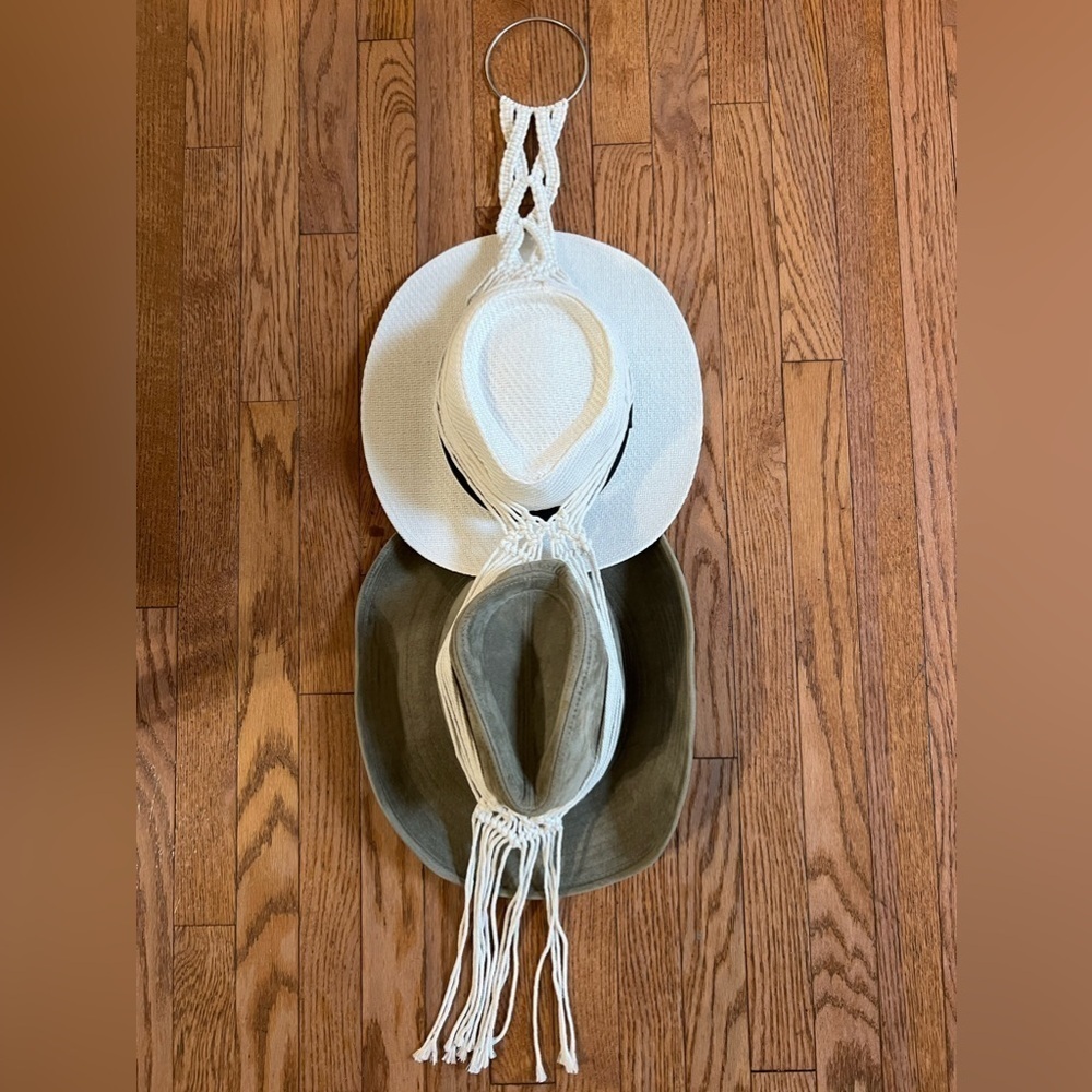 Boho Macrame 2 Hats Hanger, Cotton Woven Tassel Wall Mount For Hats 43” Long